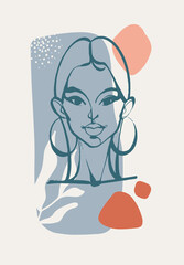 Modern abstract face. Hand drawn outline trendy vector illustrations. Continuous line, minimalistic concept. Pastel colors. Minimalistic modern art. Female portrait and flowers