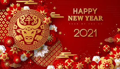 2021 Chinese New Year Greeting Card, Gold Emblem with Bull and Paper cut Sakura Flowers on Red Background. Vector illustration. Hieroglyph - Zodiac Sign Ox. Place for Text