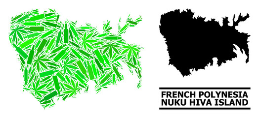 Drugs mosaic and solid map of Nuku Hiva Island. Vector map of Nuku Hiva Island is done with randomized inoculation icons, weed and drink bottles.