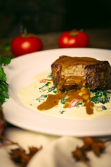 Medallion of horse meat with mustard sauce