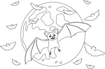 A beautiful bat flying on the background of the full moon. Black and white vector illustration for coloring book	