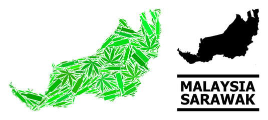 Drugs mosaic and usual map of Sarawak. Vector map of Sarawak is constructed with random inoculation icons, herb and drink bottles. Abstract territory plan in green colors for map of Sarawak.