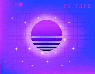 Vintage 80s colorful retro sunset. Vaporwave synthwave styled vector illustration of the sun. Template for poster or music cover.