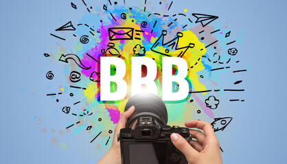 Close-up of a hand holding digital camera with abstract drawing and BRB inscription