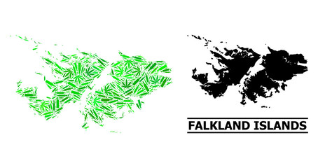 Drugs mosaic and usual map of Falkland Islands. Vector map of Falkland Islands is composed with scattered vaccine doses, hemp and alcoholic bottles.