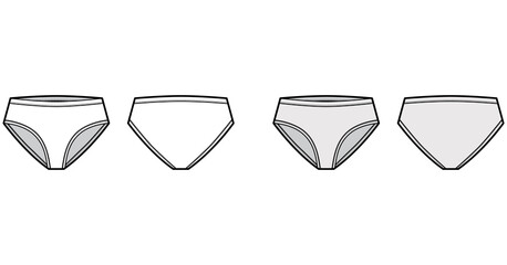 High-cut briefs technical fashion illustration with mid hips coverage and waist rise. Flat short panties bikini lingerie template front, back, white, grey color. Women men unisex underwear CAD mockup