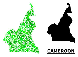 Addiction mosaic and solid map of Cameroon. Vector map of Cameroon is constructed of random injection needles, herb and wine bottles. Abstract territorial scheme in green colors for map of Cameroon.