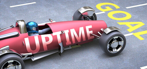 Fototapeta premium Uptime helps reaching goals, pictured as a race car with a phrase Uptime as a metaphor of Uptime playing important role in getting value and achieving success in life and business, 3d illustration