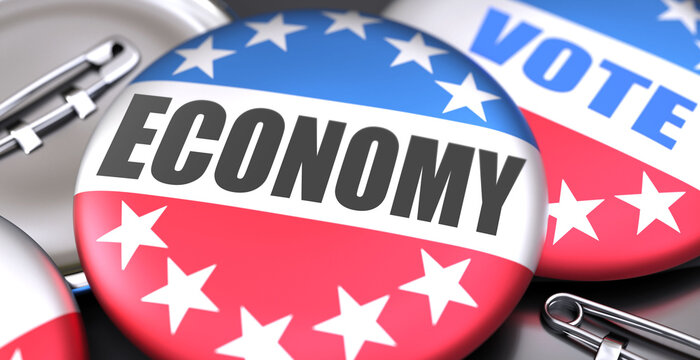 Economy and elections in the USA, pictured as pin-back buttons with American flag colors, words Economy and vote, to symbolize that t can be a part of election or can influence voting, 3d illustration