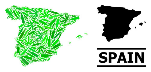 Addiction mosaic and usual map of Spain. Vector map of Spain is designed from scattered vaccine symbols, addict and alcohol bottles. Abstract territory scheme in green colors for map of Spain.