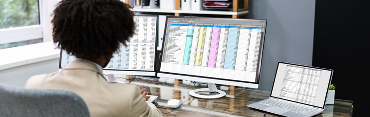 Obraz premium African American Analyzing Spreadsheet Data