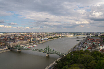 Fototapeta premium Budapest city landscape from Gellert Hill and Liberty Bridge over the Danube river, Budapest, Hungary
