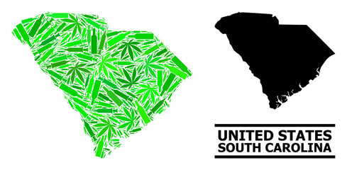 Addiction mosaic and solid map of South Carolina State. Vector map of South Carolina State is designed of randomized inoculation icons, cannabis and wine bottles.