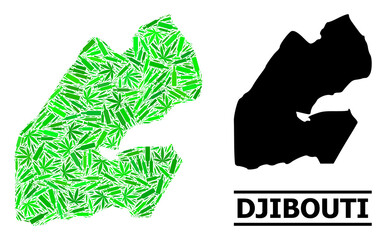 Drugs mosaic and solid map of Djibouti. Vector map of Djibouti is formed of scattered vaccine doses, cannabis leaves and drink bottles. Abstract territory plan in green colors for map of Djibouti.