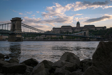 The famous Chain bridge with the castle in the background, Budapest, Hungary