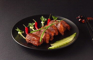 Traditional chinese street food, fried pork meat, Shanghai, China