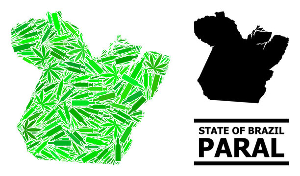 Addiction mosaic and solid map of Paral State. Vector map of Paral State is formed with scattered inoculation icons, hemp and wine bottles.