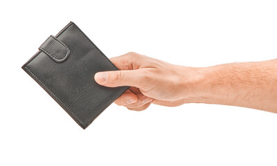 Man hand hold the wallet isolated on white background