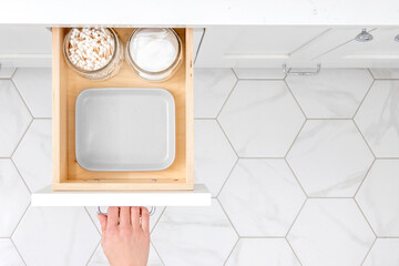 Open cosmetic and make up drawer organizer top view.