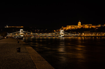 The famous Chain bridge with the castle in the background at night, Budapest, Hungary