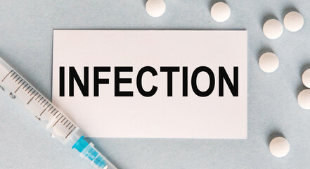 On the card is the inscription INFECTION, around white tablets and a syringe.