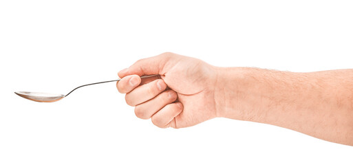 hand holding spoon isolated on white background