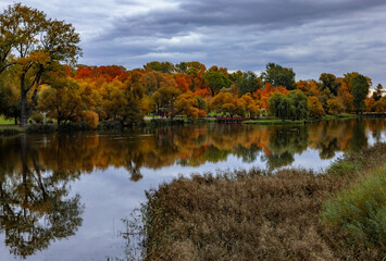 A bright political color of autumn! All colors in the park! Yellow and red foliage! Cloudy sky and green grass! Photo in the park on the lake.
