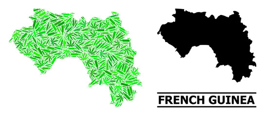 Drugs mosaic and usual map of French Guinea. Vector map of French Guinea is made from randomized injection needles, cannabis leaves and alcohol bottles.