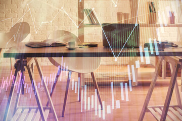 Multi exposure of stock market chart drawing and office interior background. Concept of financial analysis.