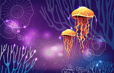 Vivid neon light illustration of jellyfish - obrazy, fototapety, plakaty