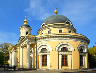 Yellow and white neo-classical Church of Transfiguration, sometimes called by name of one of its chapels, Church of Virgin of All Sorrows (1783-1791). Moscow, Russia