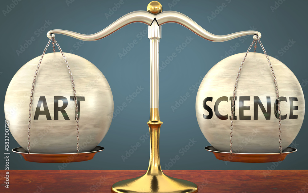 Wall mural art and science staying in balance - pictured as a metal scale with weights and labels art and scien
