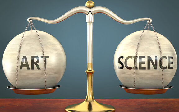 art and science staying in balance - pictured as a metal scale with weights and labels art and science to symbolize balance and symmetry of those concepts, 3d illustration