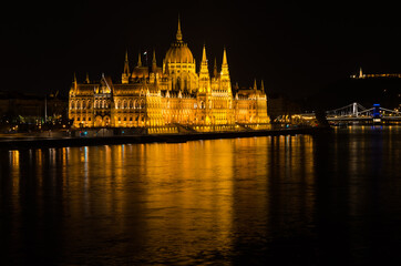 Hungarian parliament building illuminated at night, Budapest, Hungary