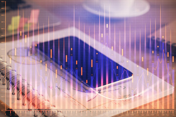 Naklejka na ściany i meble Double exposure of forex chart drawing and cell phone background. Concept of financial data analysis