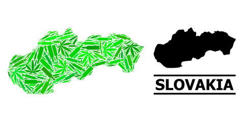 Addiction mosaic and usual map of Slovakia. Vector map of Slovakia is designed of random vaccine doses, marijuana and alcohol bottles. Abstract territory scheme in green colors for map of Slovakia.