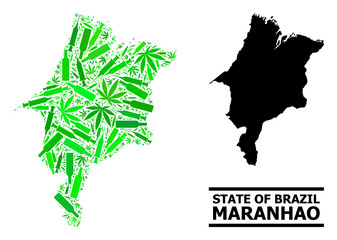 Addiction mosaic and solid map of Maranhao State. Vector map of Maranhao State is composed from randomized vaccine symbols, cannabis and drink bottles.