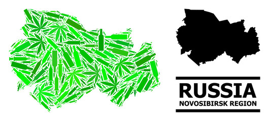 Drugs mosaic and solid map of Novosibirsk Region. Vector map of Novosibirsk Region is formed from random injection needles, cannabis leaves and alcohol bottles.