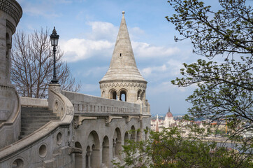 Fisherman's Bastion with the Hungarian Parliament in the background, Budapest, Hungary