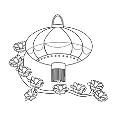Chinese lantern with a blossoming stick of Sakura on white isolated background, made as a black lined countour vector illustration, concept of Anti-stress Color books and pages, also Asian Cultures.