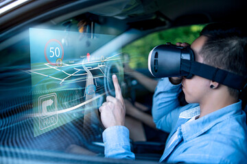 Virtual augmented reality driving user interface simulation projection holographical information display screen navigation man in car wearing vr headset interacting interface pointing finger selection