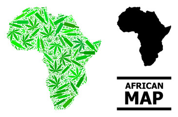 Obraz premium Drugs mosaic and usual map of Africa. Vector map of Africa is constructed of random vaccine symbols, dope and alcohol bottles. Abstract territorial plan in green colors for map of Africa.