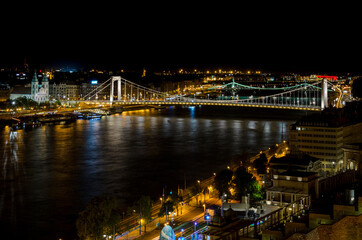 Budapest city landscape and Elisabeth Bridge over the Danube river from Buda Castle at night, Hungary