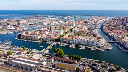 Aerial view of the old town center of Sete in the South of France - Two urbanised islands surrounded with ancient canals between the Mediterranean Sea and the Pond of Thau