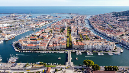 Aerial view of the old town center of Sete in the South of France - Two urbanised islands...