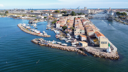 Aerial view of Pointe Courte, a small peninsula in Sete in the South of France - Little fishing...