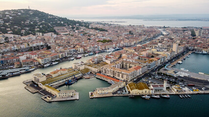 Aerial view of the old town of Sete in the South of France - Downtown island between two canals along the Mediterranean Sea