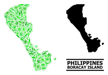 Drugs mosaic and solid map of Boracay Island. Vector map of Boracay Island is done of randomized vaccine doses, ganja and alcoholic bottles.