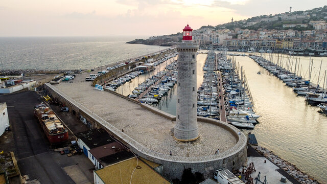 Aerial view of the lighthouse of Sete in the South of France - Marina in the Mediterranean Sea