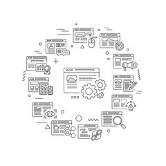 Digital marketing web banner. SEO, website strategy. Infographics with linear icons on background. Creative idea concept. Isolated outline black illustration.